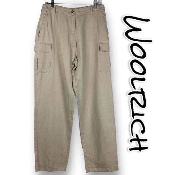 Woolrich Linen Cotton Wide Leg Cargo Pants Khaki High Rise Women’s Size 12 - Picture 1 of 11